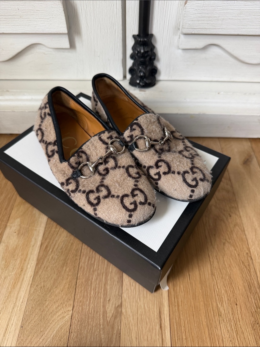 Gucci Beige and Black GG Wool Horsebit Loafers